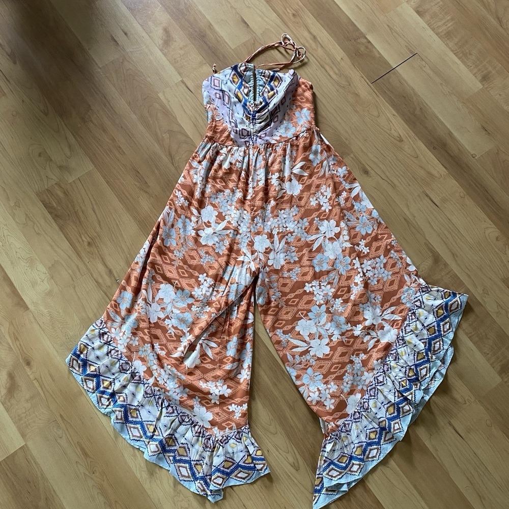 Angie Boho Mixed Print Halter Jumpsuit L | Wide Leg Ruffle Hem Festival Style - Picture 3 of 11